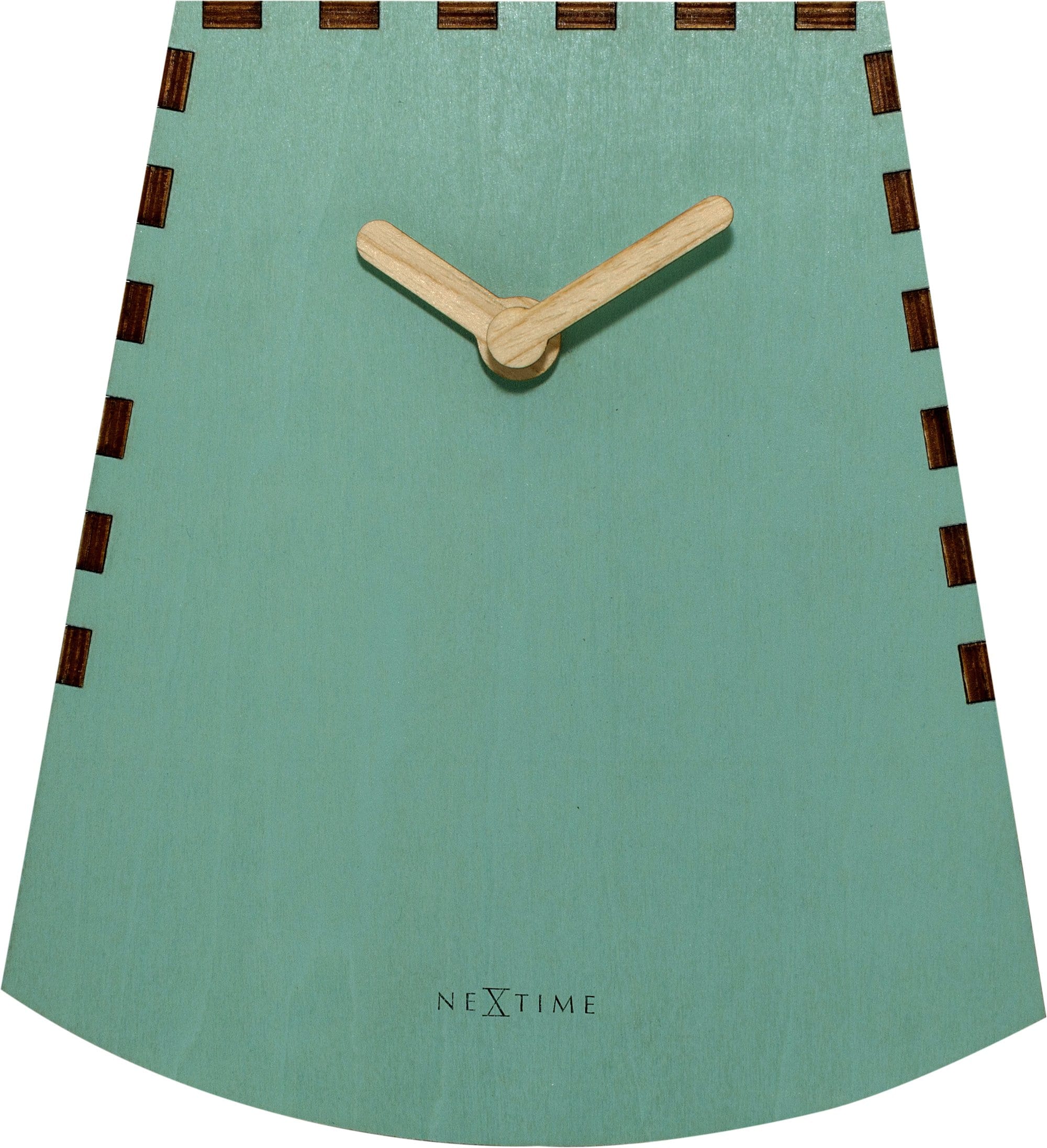 Wooden NeXtime Rocky table clock, 20 cm tall, with a motion feature, displayed on a flat surface.